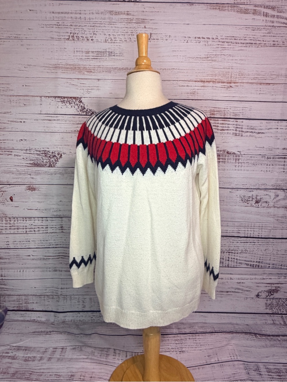 Talbots Cream Sweater with Red & Navy Yoke